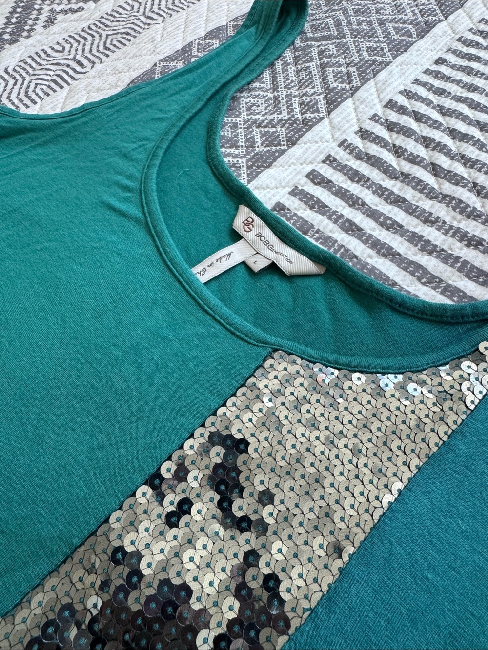 BCBG Generation Teal Tank with Silver Sequin Stripe